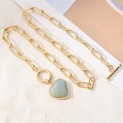14K Gold Plated Two Sides Carved Stone Heart Shape Necklace for Women Love Pendant Necklace Jewelry for Daily and Gifts - color: Amazonite