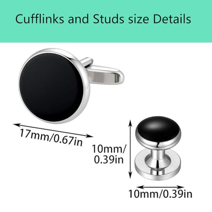 Mens Cufflinks and Tuxedo Shirt Studs Set with Gift Box - color: Silver/black
