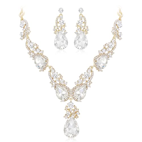 Women's Wedding Bridal Crystal Multi Teardrop Cluster Statement Necklace Dangle Earrings Set - color: Clear Gold-Tone