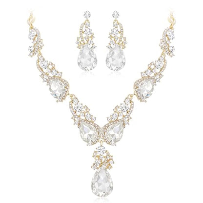 Women's Wedding Bridal Crystal Multi Teardrop Cluster Statement Necklace Dangle Earrings Set - color: Clear Gold-Tone