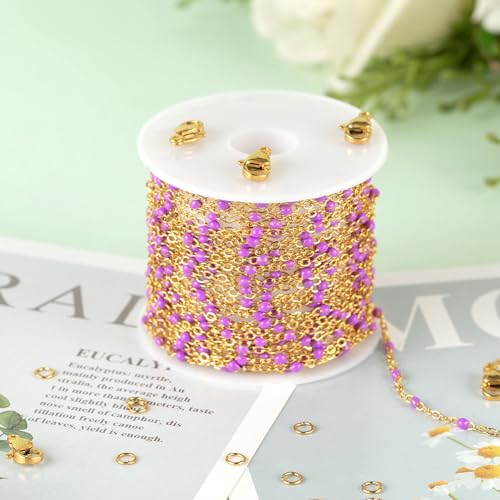 KYUNHOO 5 Meters Gold Stainless Steel Chains for Jewelry Making with Clasps | Purple Enamel Beaded Chain Roll Necklace Bracelet Making Supplies Small Gold Cable Chain Link - color: Gold-Purple-2mm