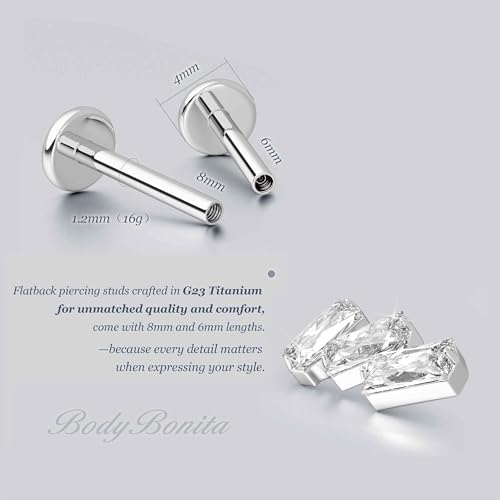 G23 Titanium 16G Tragus Conch Piercing Jewelry Flat Back Stud Earrings | Hypoallergenic CZ Nose Dangle Helix Medusa Lip Labret Body Piercing Jewelry, 14K Gold Plated, Silver, 6 and 8 mm Post Length - color: Trinity Sparkle-Titanium