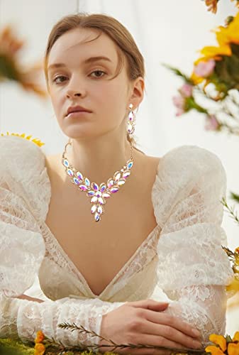 Jewelry Set for Women Rhinestone Austrian Crystal Statement Flower Necklace Link Bangle Bracelet Dangle Earrings Rings Allergy Free Wedding Party Jewelry Set for Bridal Bridesmaid - color: AB Crystal-Gold Plated