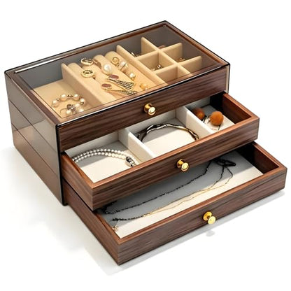 3-Layer Wood Grain Jewelry Box with mezzanine, Stackable Jewelry Organizer with Velvet Lining, Dustproof Jewelry Storage Case for Rings, Necklaces, Earrings, Bracelets (12)