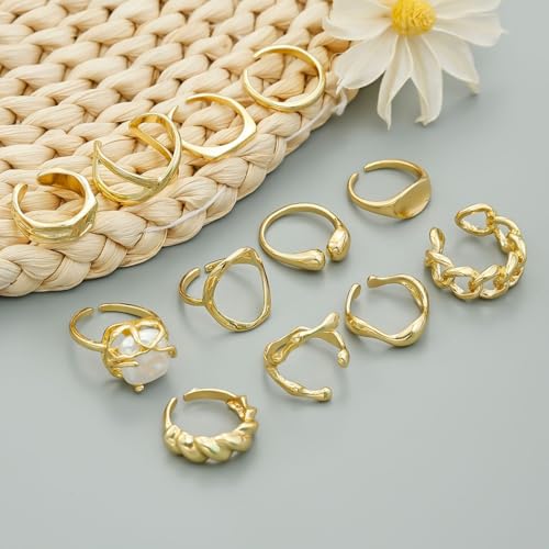 Trendy Knuckle Rings Set for Women Dainty Stackable Joint Finger Midi Rings Pack Adjustable Dome Twist Hollow Chunky Rings Statement Jewelry Mixed Size - style: C-Gold-12Pcs