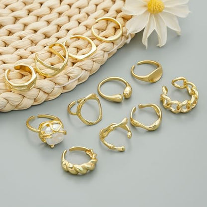 Trendy Knuckle Rings Set for Women Dainty Stackable Joint Finger Midi Rings Pack Adjustable Dome Twist Hollow Chunky Rings Statement Jewelry Mixed Size - style: C-Gold-12Pcs