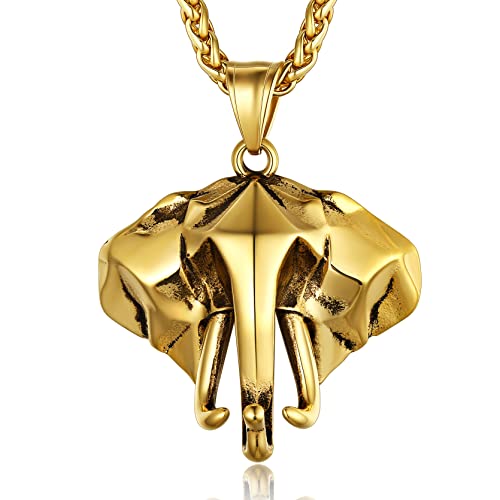 GOLDCHIC JEWELRY Africa Map Necklace for Men, Stainless Steel African Tribal/Egyptian Eye of Horus/I LOVE AFRICA/Elephant Map Hiphop Jewelry Unisex with 22'+2'Adjustable Chain - color: 3D Elephant - Gold, style: No Customization
