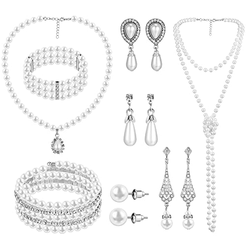 Bonuci 12 Pcs Women Pearl Jewelry Set Pearl Necklace Bracelet Earrings with Rhinestone for Wedding Birthday Bridal Tea Party - style: Elegant Style