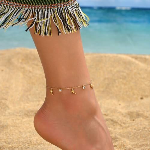 18K Gold Plated Waterproof Summer Beach Ankle Bracelets for Women | Starfish Sea Shell Pearls CZ Diamond Dangle Anklets - style: Dolphin CZ Drop-Gold