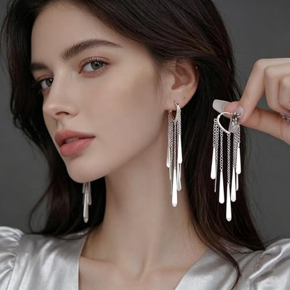 Silver Long Tassel Dangle Earrings for Women, Statement Silver Drop Hoop Earrings, Shiny Silver Dangle Earrings for Daily Wear, Parties & Special Occasions