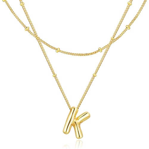 Bubble Letter Necklace for Women, 14k Gold Plated Initial Letter Pendant Necklace Personalized Jewelry A - Z 26 letters - style: Gold-K