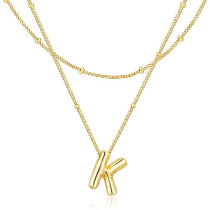 Bubble Letter Necklace for Women, 14k Gold Plated Initial Letter Pendant Necklace Personalized Jewelry A - Z 26 letters - style: Gold-K