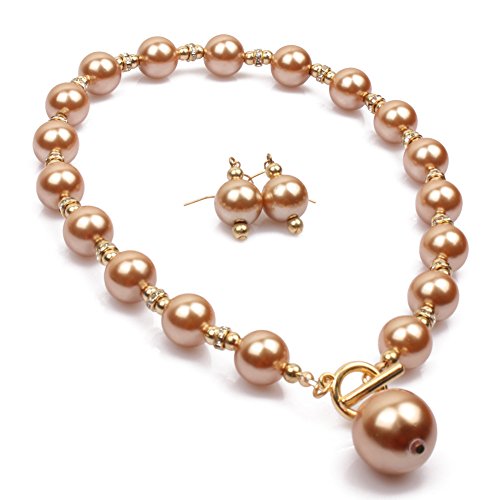 COLORFUL BLING Chunky Multicolor Simulated Pearl Choker Necklace Drop Dangle Earrings Bracelet Set Crystal Bib Big Large Round Beaded Strand for Women Brides Costume Statement 1920s Wedding Jewelry - color: Champagne