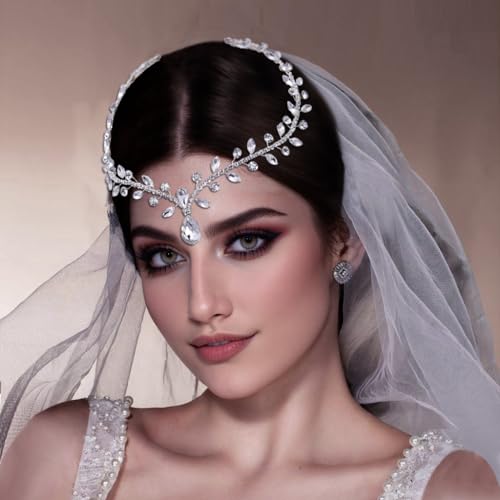 Rhinestone Bridal Forehead Head Chain Wedding Headband | Silver & Gold Crystal Pendant Headpiece Festival Costume Bridal Hair Accessories for Women