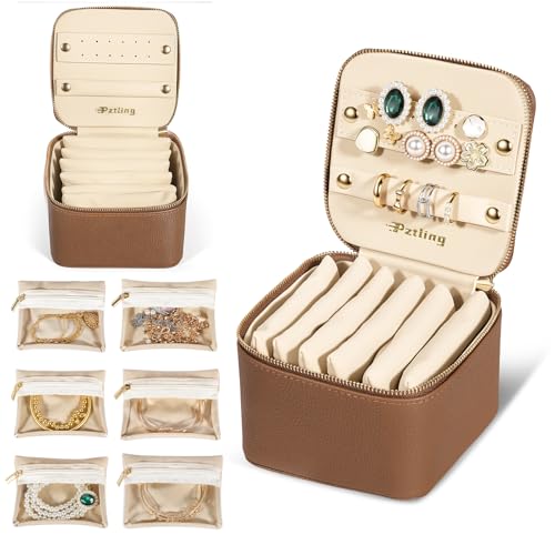 Travel Jewelry Case Organizer - Compact PU Leather Jewelry Box with 6 Small Portable Velvet Jewelry Pouches&2 Inner Lid Slots for Rings Earrings Necklaces Bracelets,Ideal Gift for Women Girls (Brown)