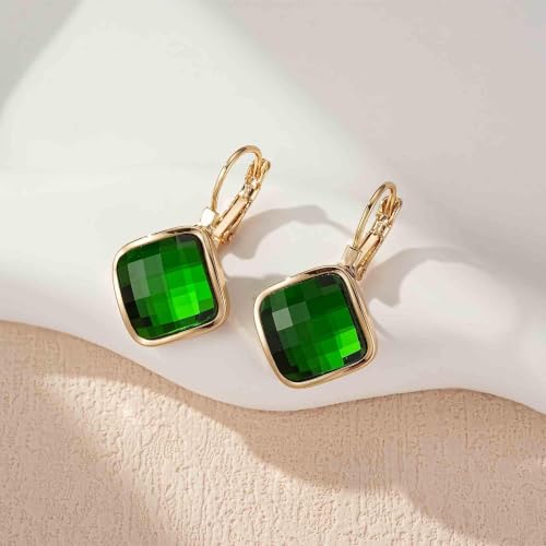 Austrian Crystal Square Leverback Drop Earrings for Women | Classic Square-Cut Crystal,14K Gold-Plated,Leverback for Easy Secure Wear,Gift Box Included,For Day and Evening Events - color: Emerald