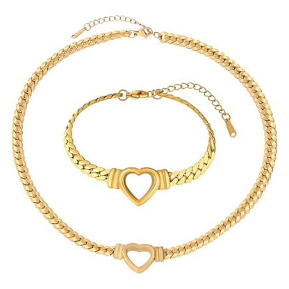 Chunky Flat Curb Chain Necklace and Bracelet Set, Gold/Silvery Stainless Steel Hollow Heart Pendant Jewelry for Women, Valentines Wedding Gift - color: Gold