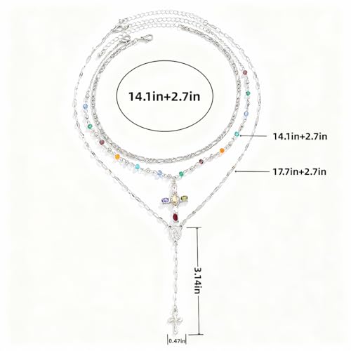 Silvery Layered Necklace for Women, Y Necklace with Cross Pendant, Dainty Stackable Jewelry Gift for Everyday Wear - style: 3PCS - Paper Clip Chain&Colorful Cross&Cross Y Chain