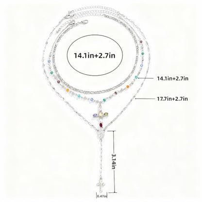 Silvery Layered Necklace for Women, Y Necklace with Cross Pendant, Dainty Stackable Jewelry Gift for Everyday Wear - style: 3PCS - Paper Clip Chain&Colorful Cross&Cross Y Chain