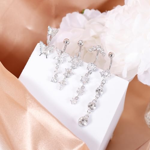 REVOLIA 5Pcs 14G Surgical Steel Dangle Belly Button Ring for Women Dangle Navel Ring Curved Belly Rings CZ Butterfly Barbell Body Piercing Jewelry - color: Silver, size: Bar Length 6MM
