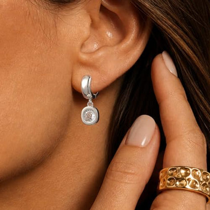 Gold Chunky Dangle Earrings for Women, Bezel Set Cubic Zirconia Charm | 14K Gold Silver Plated, Statement Huggie Hoops Drop Earrings, Trendy Jewelry Gifts, High Grade CZ, Hypoallergenic Lightweight - color: SL-Round CZ Hoop