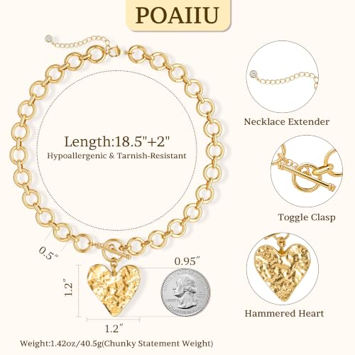 Chunky Gold Necklace for Women | 14K Gold Plated Hammered Heart Pendant O-Link Chain Necklace with Toggle Clasp, Waterproof Statement Jewelry Gift for Her - color: Chunky Gold Heart Necklace