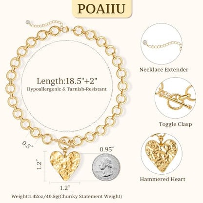 Chunky Gold Necklace for Women | 14K Gold Plated Hammered Heart Pendant O-Link Chain Necklace with Toggle Clasp, Waterproof Statement Jewelry Gift for Her - color: Chunky Gold Heart Necklace