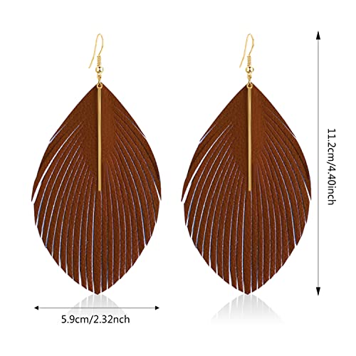 Bohemian Handmade Lightweight Color Large Genuine Soft Leather Fringe Feather Leaf Tear Dangle Drop Earrings for Women Statement - color: Brown