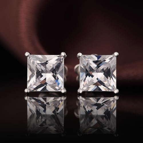 925 Sterling Silver Cubic Zirconia Stud Earrings for Women/Men Hypoallergenic Stud Earrings 4MM-8MM - style: D: Square Stud-Silver