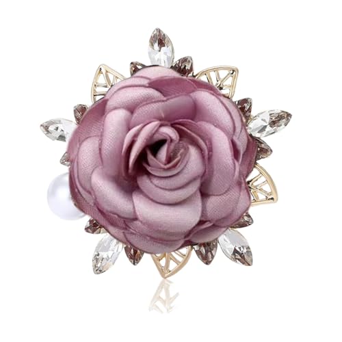 Handmade Elegant Red Rose Flower Brooch Pin for Women Crystal Pearl Fabric Flower Lapel Pin Dress Suit Accessories - color: Purple