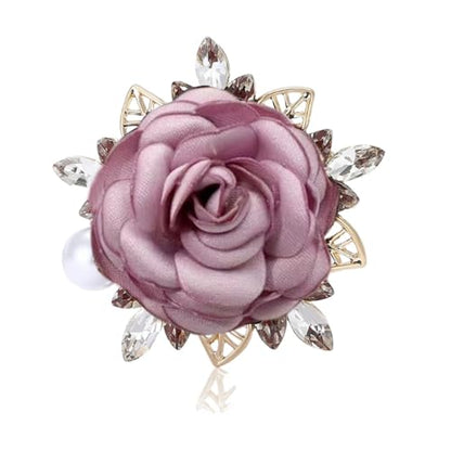 Handmade Elegant Red Rose Flower Brooch Pin for Women Crystal Pearl Fabric Flower Lapel Pin Dress Suit Accessories - color: Purple