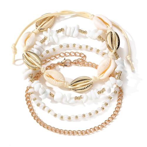 Qceasiy Shell Ankle Bracelets for Women, Boho Beaded Beach Anklet Set | Seashell, Heart, Starfish and Conch Styles, Gold-Tone, Stretch or Adjustable Fit, Layered Beach Vacation Jewelry Gifts - color: Gold 2