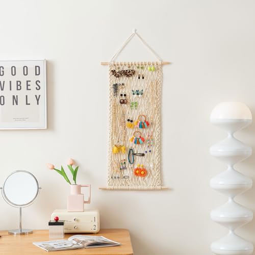 Hanging Jewelry Mesh Organizer with 20 Pieces S Shape Hooks | Macrame,Wall Mounted,Necklaces Storage,Earring Display Rack,Girls Hair Clips Hanger,for Bracelets and Rings, Yellow Cotton - color: Yellow cotton