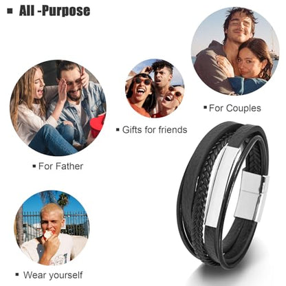 Leather Bracelet for Men Braided Stainless Steel Mens Bracelets - color: Silver