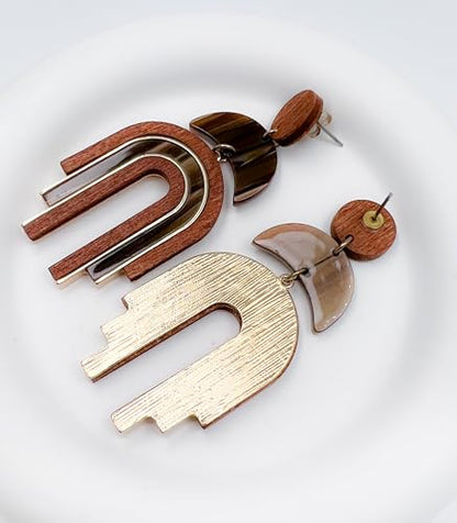 Ozel - Natural Wooden Acrylic Boho Drop Dangle Earrings for Women - Geometric Statement Jewellery - Brown, Black, Magent Red, Olive Green, White beige - color: Arch_Brown
