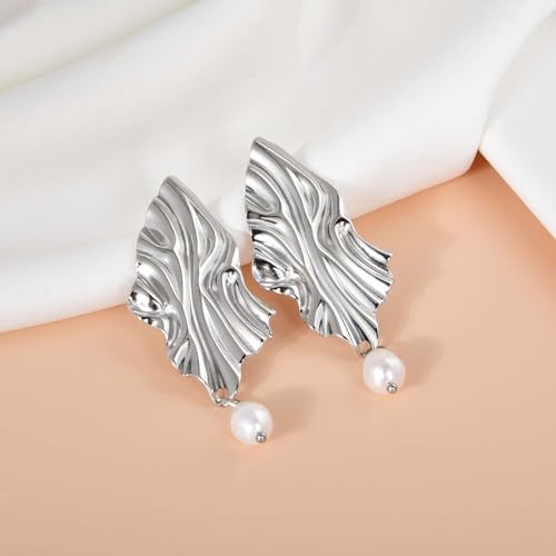 Large Geometric Drop Dangle Earrings for Women Pearl Teardrop Disc Rectangle Oval Fishtail Shell Shaped Textured Dangle Studs Earrings for Women - color: Silver-Pearl