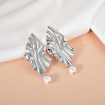 Large Geometric Drop Dangle Earrings for Women Pearl Teardrop Disc Rectangle Oval Fishtail Shell Shaped Textured Dangle Studs Earrings for Women - color: Silver-Pearl