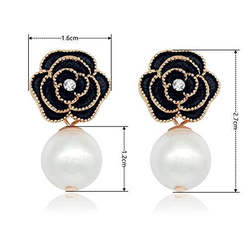 Fashion Design Faux Pearl Charm Flower Dangle Drop Earrings Studs For Women - color: Black