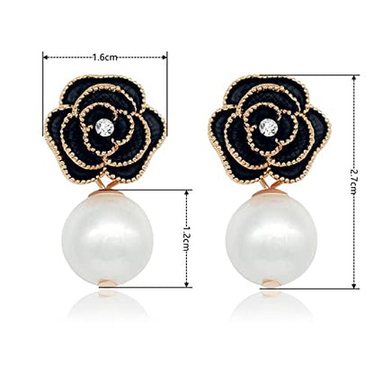 Fashion Design Faux Pearl Charm Flower Dangle Drop Earrings Studs For Women - color: Black