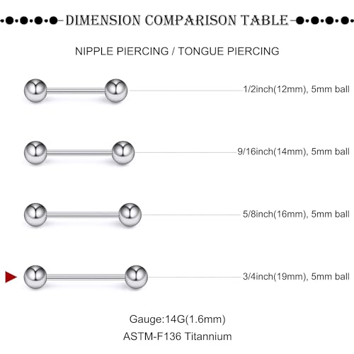 16G-2G ASTM F136 Titanium Internally Threaded Nipple Tongue Rings Piercing Jewelry Straight Industrial Earring Barbell G23 Titanium Nipple Tongue Bars Piercing Jewelry for Women Men 12MM-40MM - style: 14G, 19mm Length, 5mm Ball