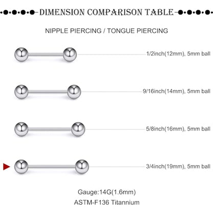 16G-2G ASTM F136 Titanium Internally Threaded Nipple Tongue Rings Piercing Jewelry Straight Industrial Earring Barbell G23 Titanium Nipple Tongue Bars Piercing Jewelry for Women Men 12MM-40MM - style: 14G, 19mm Length, 5mm Ball