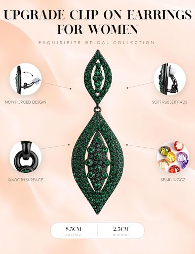THUNARAZ Clip on Earrings for Women Non Pierced Glitter Rhinestone Crystal | Clip-On Earrings, Wedding Bridal Earrings, Non Pierced Ears, Dangle Earrings, Fake Earrings, Fashion Jewelry - color: Green1