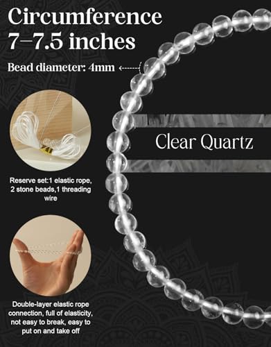 Natural Stone Beaded Bracelets for Men Women, 4mm 6mm 8mm | Healing Crystal, Protection Gemstone, Gift Packaging with Energy Card, Stretch Jewelry, Replacement Beads Included, 18 Stone - color: Clear Quartz(King of Crystals), size: 4mm