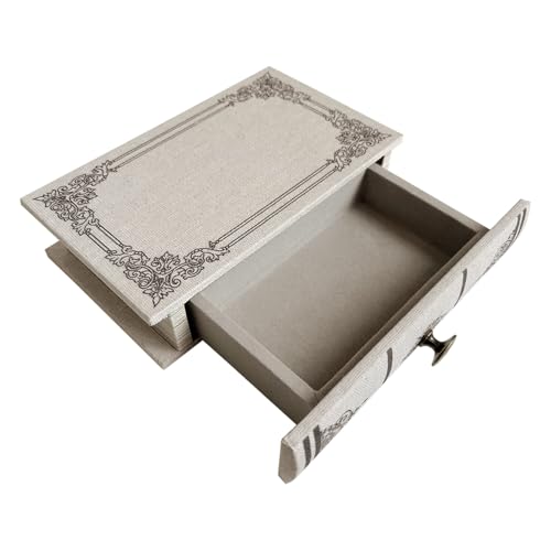 Vintage Book Storage Box with Drawer, Natural Linen-Textured Cover with Classic Frame Pattern, Hidden Organizer for Jewelry, Keepsakes or Desktop Use 9.5″ x 6.7″ x 2″ - color: Linen Off-White, size: M