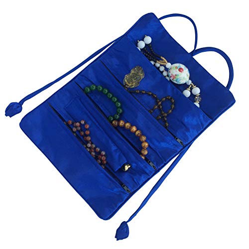 Travel Jewelry Roll Bag - Embroidered Brocade Pouch for Rings, Necklaces, Earrings, Bracelets | Lightweight & Tie Closure (Royal Blue) - color: Royal Blue