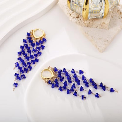 Fringe Hoop Dangle Earrings, Long Beads Tassel Chain Earrings for Women Sparkly Chandelier Earrings - color: Royal Blue
