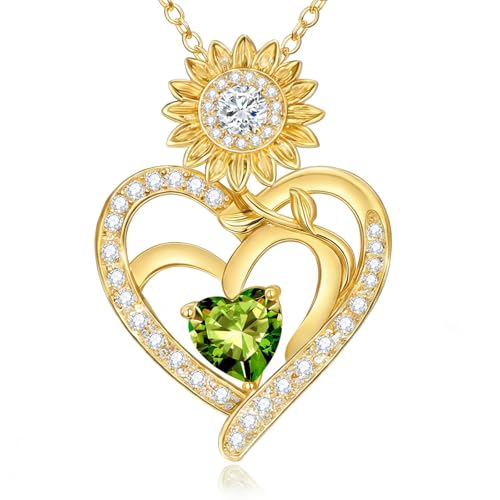 Midari Sunflower Necklace 18k Gold Plated Heart with Brithstone You Are My Sunshine Necklace Anniversary Birthday Sunflower Jewelry Gift for Women Wife Mom - color: 08-August