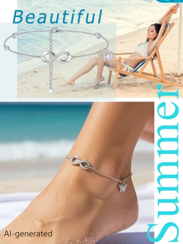 Moissanite Infinity Anklet for Women, Real Authentic 925 Sterling Silver Hypoallergenic, Beautiful Summer Jewelry, Dainty Ankle Bracelet, 8.6-10.6inch (21-26cm) Adjustable - color: Romantic Infinity & Butterfly - White Gold
