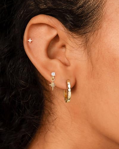 3 Pairs Earring Stacks, Gold Earring Set Jewelry Gift for Women | Small, 14K Gold/White Gold/Black/Rose Gold Plated, Hypoallergenic, Her, Everday, Stackable, Simple, 3 Holes - color: Gold-Polaris