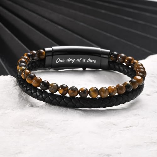 VNOX Men's Inspirational Mantra Engarved Handmade Braided Leather Adjustable Cuff Bangle Bracelet Encouragement Motivational Gift for Men - style: Black-Tiger eye